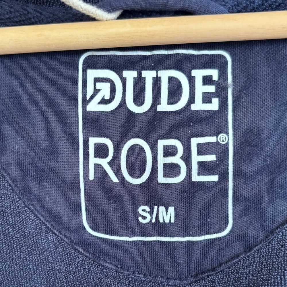 Dude Robe Mens Hooded Lounge Bathrobe Size S/M Navy Tie Closure Pockets - Picture 6 of 9